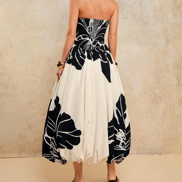 Black And White Elegant Women's Ruched Printed Dress - Picture 2 of 7